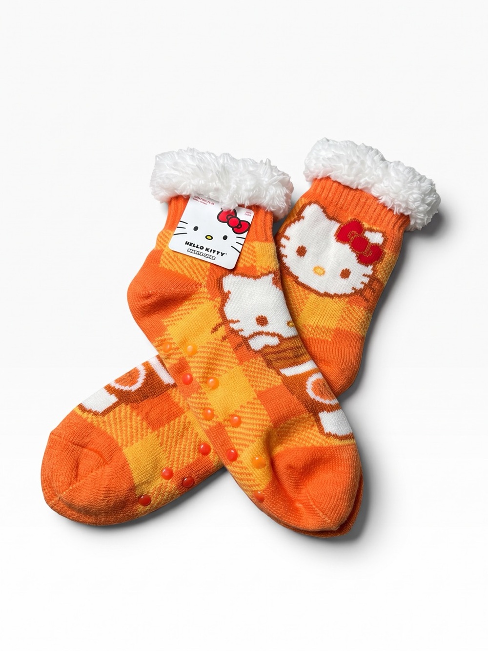 Hello Kitty Halloween Orange Plaid Fuzzy Slipper Socks, Size 4–10